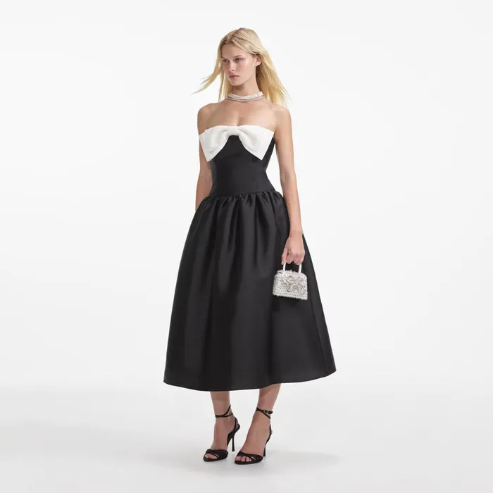 Self Portrait Dresses Women Black Taffeta Contrast Bow Midi Dress