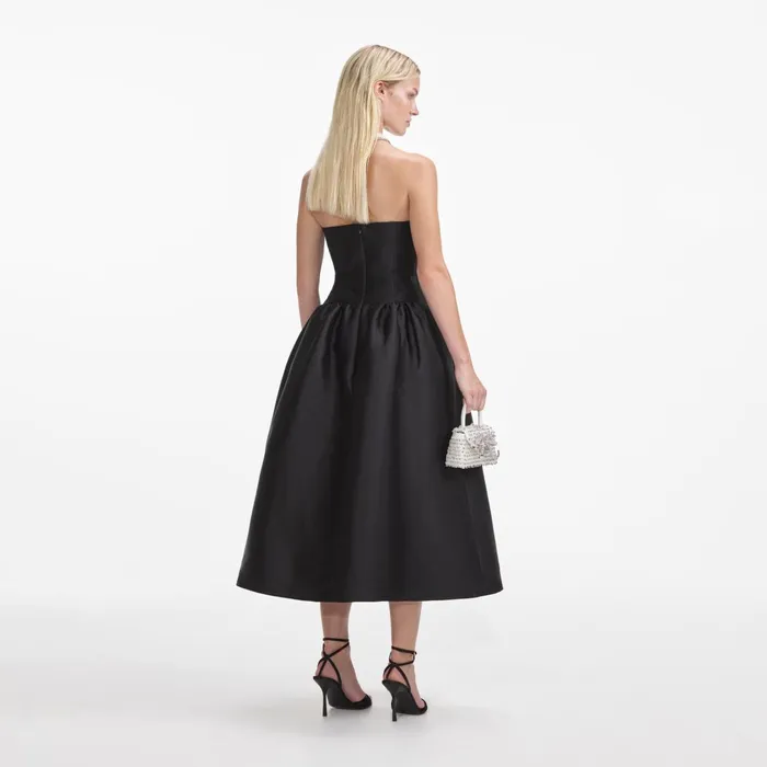 Self Portrait Dresses Women Black Taffeta Contrast Bow Midi Dress