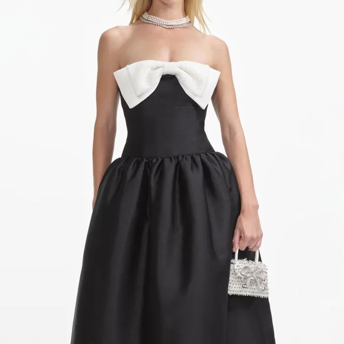 Self Portrait Dresses Women Black Taffeta Contrast Bow Midi Dress