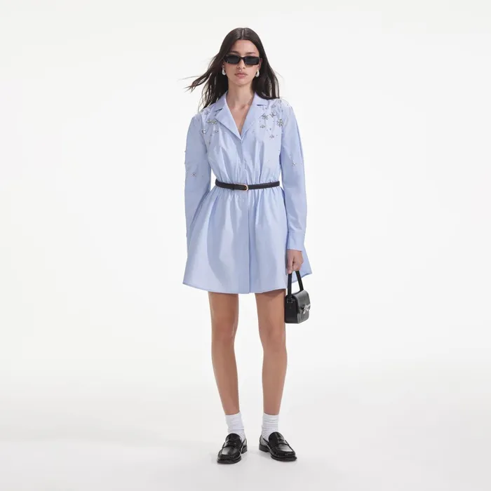 Self Portrait Dresses Women Blue Cotton Embellished Mini Dress