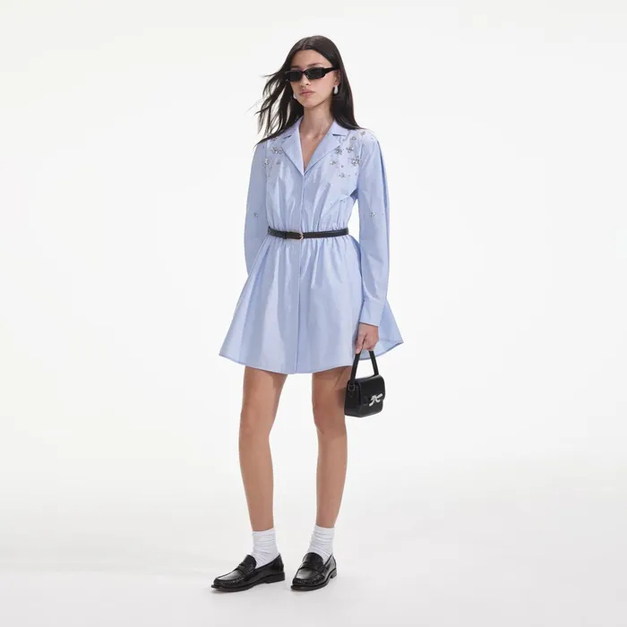 Self Portrait Dresses Women Blue Cotton Embellished Mini Dress