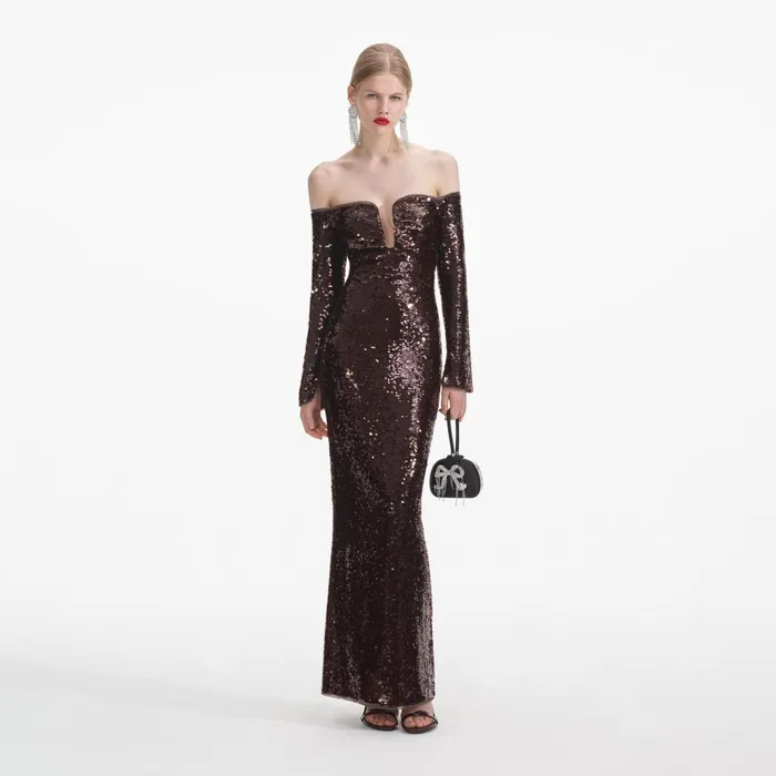 Self Portrait Dresses Women Brown Sequin Off Shoulder Maxi Dress