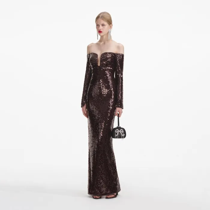 Self Portrait Dresses Women Brown Sequin Off Shoulder Maxi Dress Self Portrait Dresses Women Brown Sequin Off Shoulder Maxi Dress