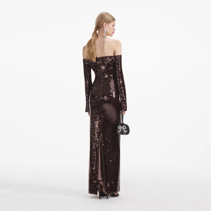 Self Portrait Dresses Women Brown Sequin Off Shoulder Maxi Dress Self Portrait Dresses Women Brown Sequin Off Shoulder Maxi Dress