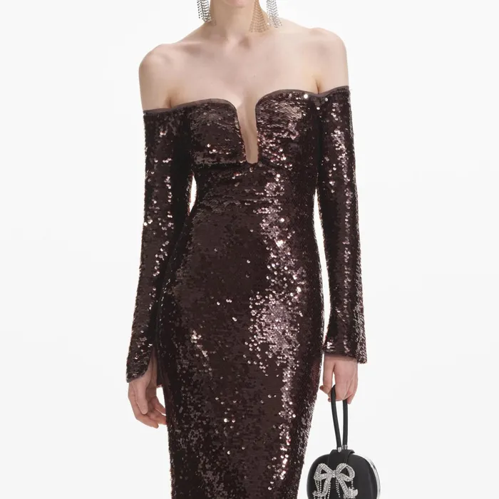 Self Portrait Dresses Women Brown Sequin Off Shoulder Maxi Dress Self Portrait Dresses Women Brown Sequin Off Shoulder Maxi Dress