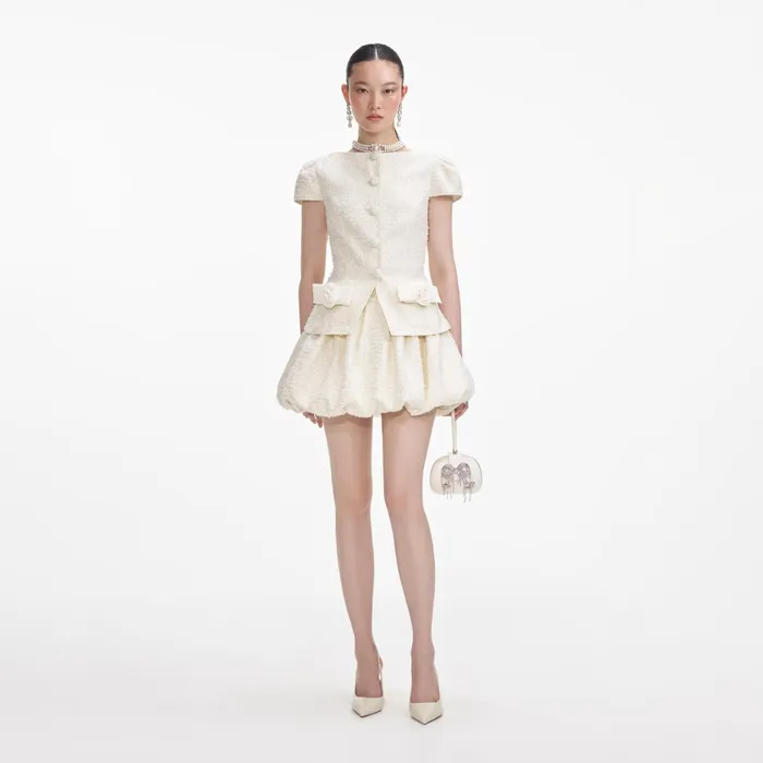 Self Portrait Dresses Women Cream Boucle Bow Detail Mini Dress