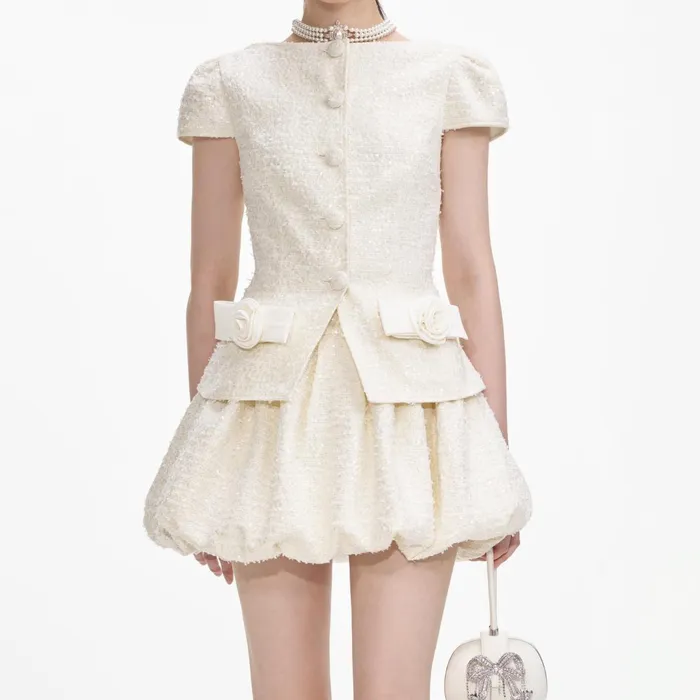 Self Portrait Dresses Women Cream Boucle Bow Detail Mini Dress