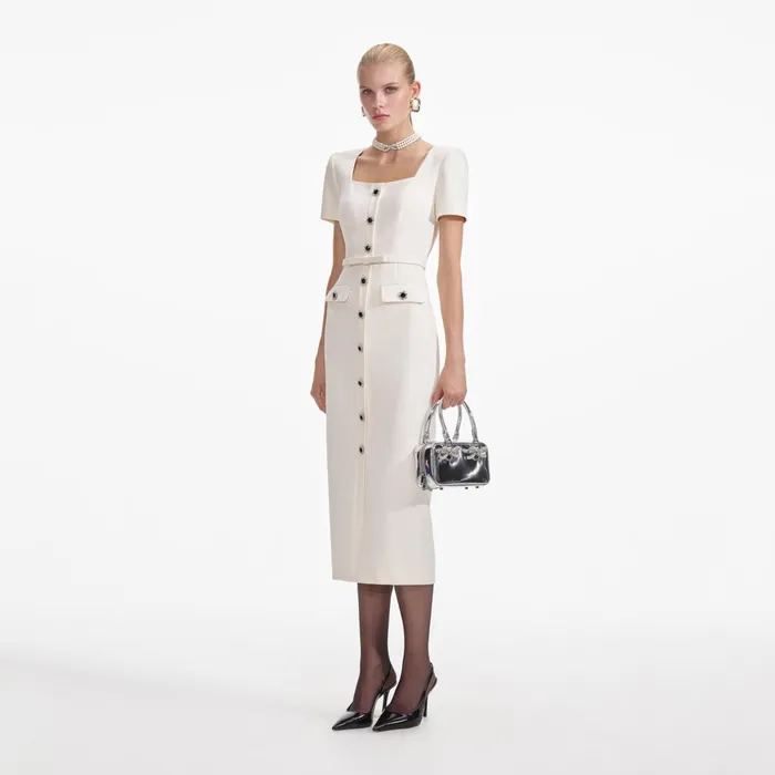Self Portrait Dresses Women Cream Crepe Button Midi Dress