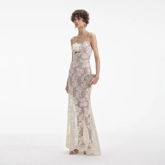 Self Portrait Dresses Women Cream Rhinestone Lace Maxi Dress