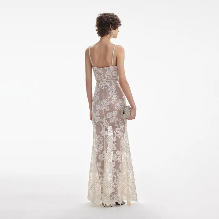 Self Portrait Dresses Women Cream Rhinestone Lace Maxi Dress