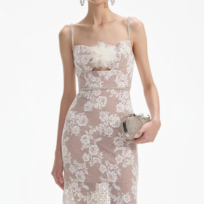 Self Portrait Dresses Women Cream Rhinestone Lace Maxi Dress