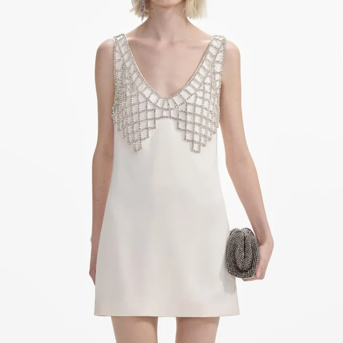 Self Portrait Dresses Women Cream Satin Diamante Bralette Mini Dress