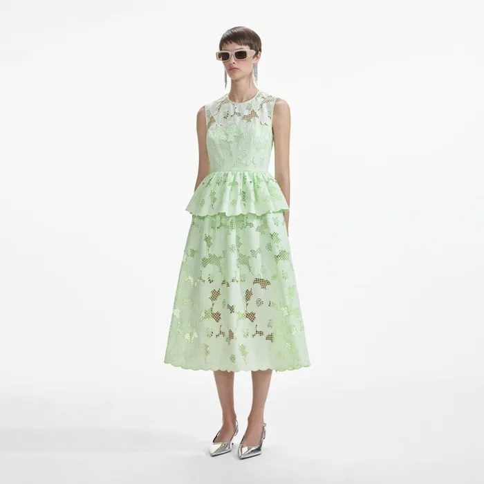 Self Portrait Dresses Women Mint Cotton Lace Peplum Midi Dress