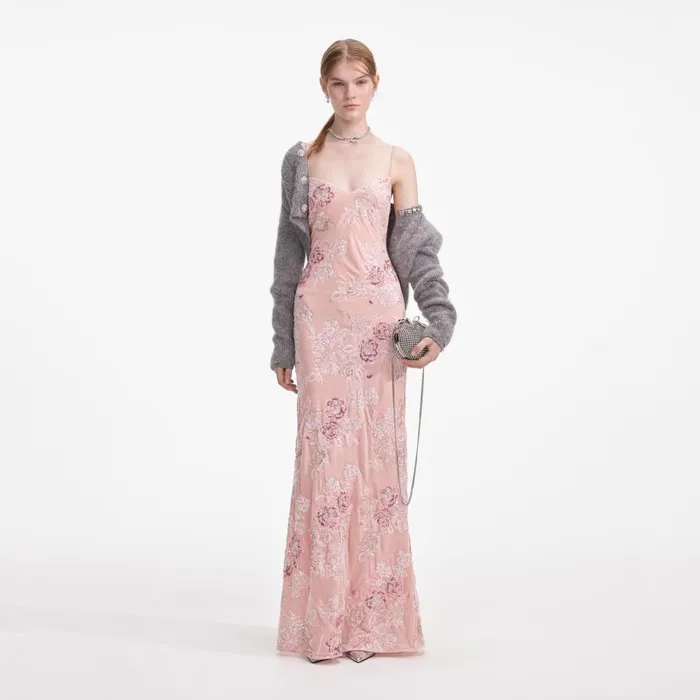 Self Portrait Dresses Women Pink Embellished Velvet Maxi Dress