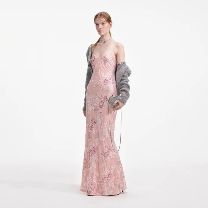 Self Portrait Dresses Women Pink Embellished Velvet Maxi Dress