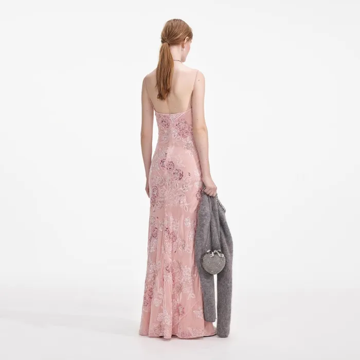 Self Portrait Dresses Women Pink Embellished Velvet Maxi Dress
