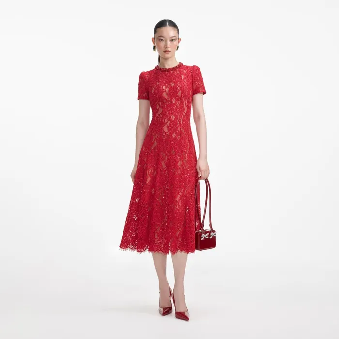 Self Portrait Dresses Women Red Sequin Lace Midi Dress