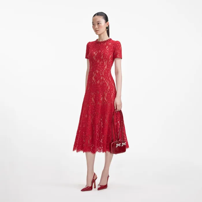 Self Portrait Dresses Women Red Sequin Lace Midi Dress