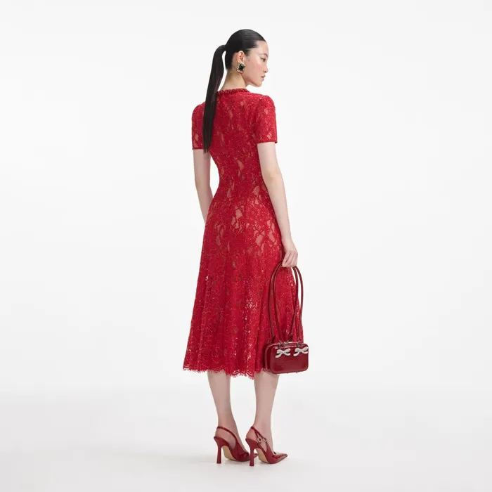 Self Portrait Dresses Women Red Sequin Lace Midi Dress
