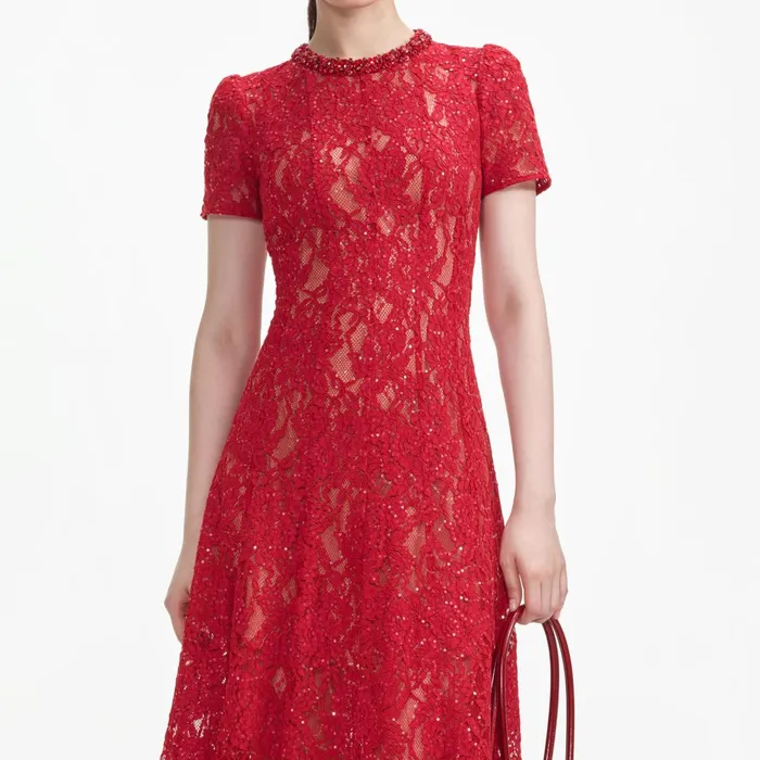 Self Portrait Dresses Women Red Sequin Lace Midi Dress