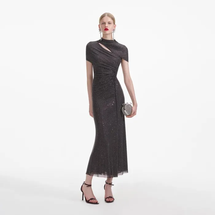 Self Portrait Dresses Women Slate Rhinestone Mesh Cut Out Midi Dress