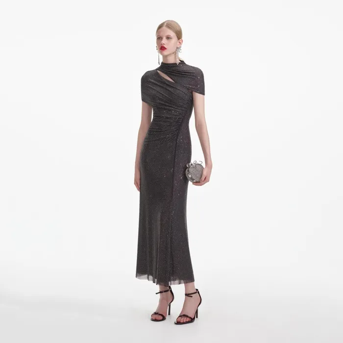 Self Portrait Dresses Women Slate Rhinestone Mesh Cut Out Midi Dress