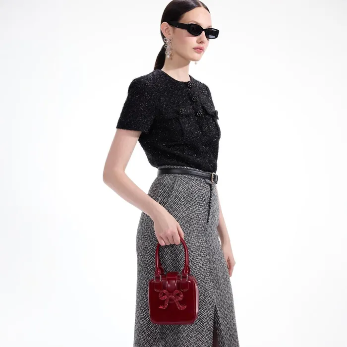 Self Portrait Handbags Women Burgundy Leather Square Mini Tote Bag Red