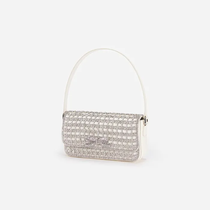 Self Portrait Handbags Women Champagne Crystal Baguette Bag Cream