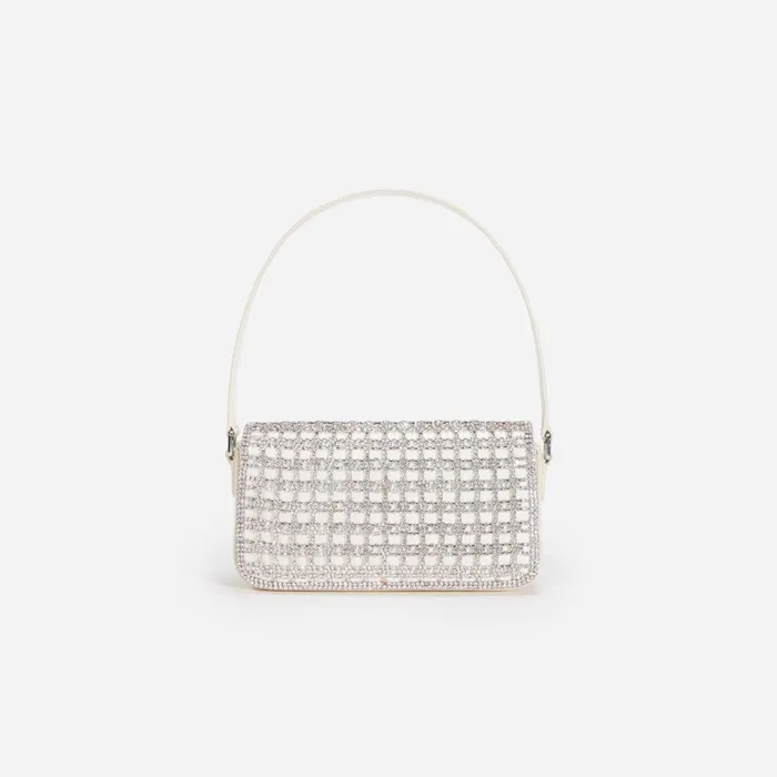Self Portrait Handbags Women Champagne Crystal Baguette Bag Cream