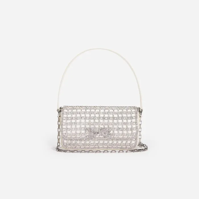 Self Portrait Handbags Women Champagne Crystal Baguette Bag Cream