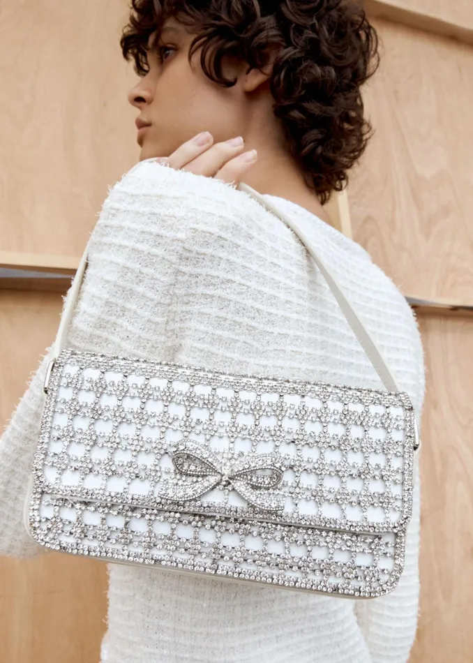Self Portrait Handbags Women Champagne Crystal Baguette Bag Cream