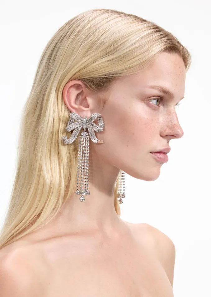 Self Portrait Jewellery Women Large Crystal Bow Droplet Earrings Silver