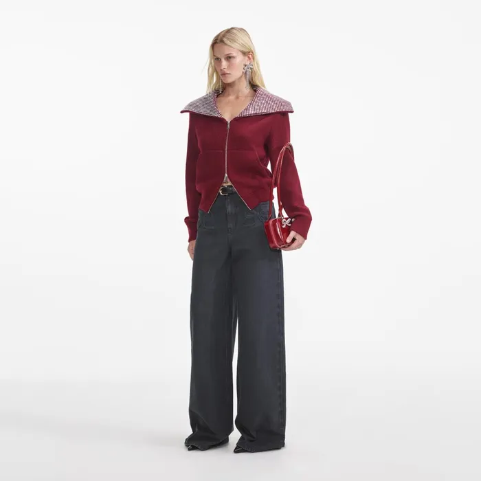 Self Portrait Knitwear Women Burgundy Diamante Collar Knit Jacket