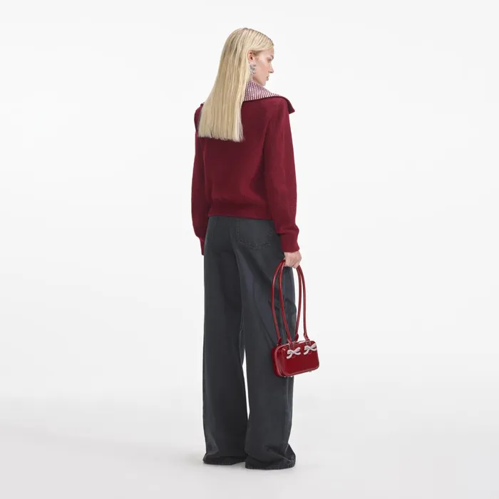Self Portrait Knitwear Women Burgundy Diamante Collar Knit Jacket