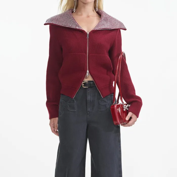 Self Portrait Knitwear Women Burgundy Diamante Collar Knit Jacket