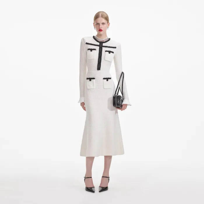 Self Portrait Knitwear Women White Knit Contrast Trim Midi Dress