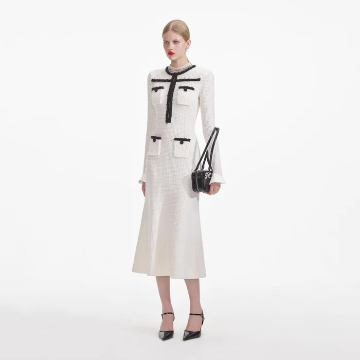 Self Portrait Knitwear Women White Knit Contrast Trim Midi Dress