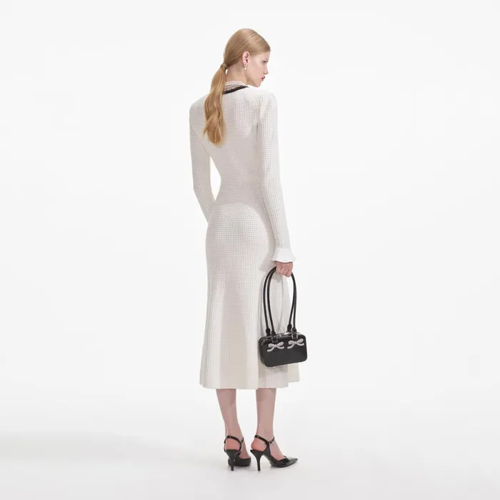 Self Portrait Knitwear Women White Knit Contrast Trim Midi Dress