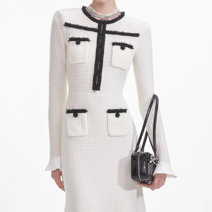 Self Portrait Knitwear Women White Knit Contrast Trim Midi Dress