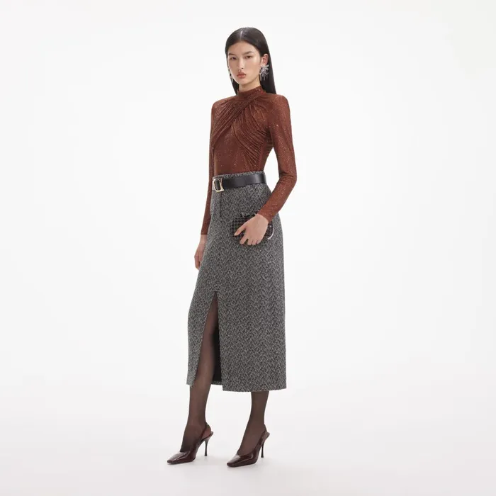 Self Portrait Tops Women Brown Rhinestone Mesh Top Brown