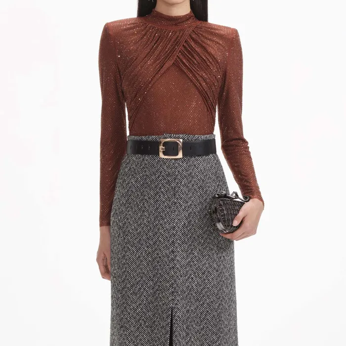 Self Portrait Tops Women Brown Rhinestone Mesh Top Brown