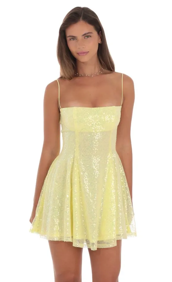 Sequin Fit And Flare Dress Golden Yellow Women LUCY IN THE SKY Mini Dresses