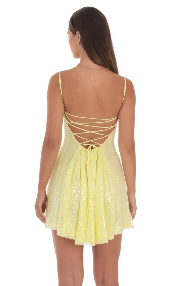 Sequin Fit And Flare Dress Golden Yellow Women LUCY IN THE SKY Mini Dresses