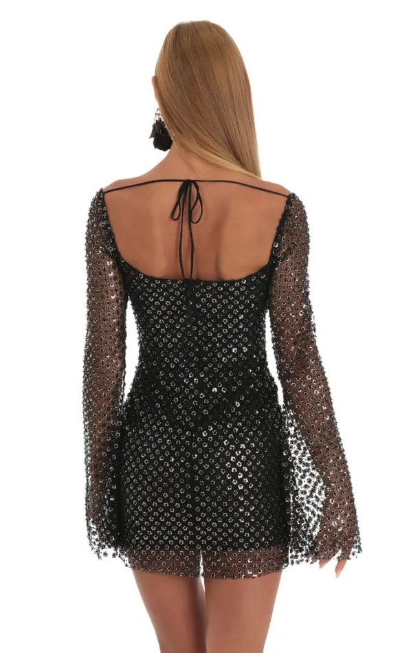 Sequin Floral Bell Sleeve Dress Black Women LUCY IN THE SKY Mini Dresses Sequin Floral Bell Sleeve Dress Black Women LUCY IN THE SKY Mini Dresses