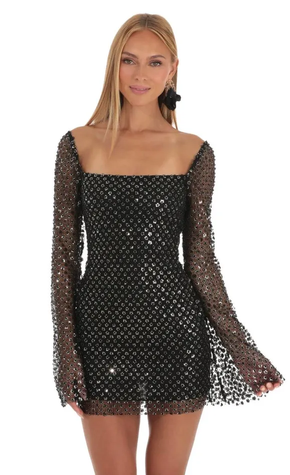 Sequin Floral Bell Sleeve Dress Black Women LUCY IN THE SKY Mini Dresses Sequin Floral Bell Sleeve Dress Black Women LUCY IN THE SKY Mini Dresses