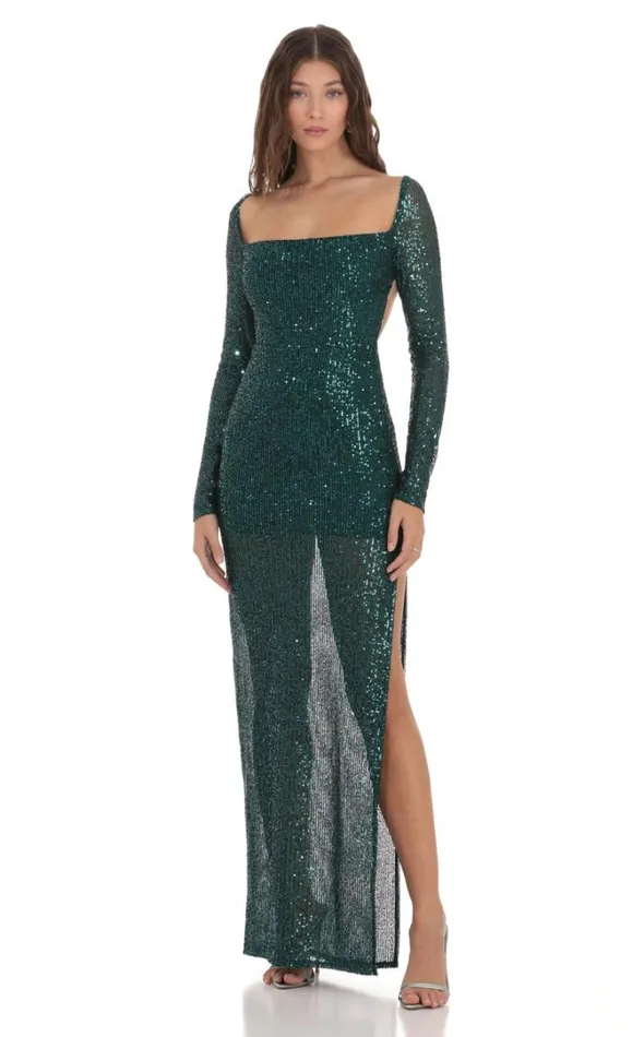 Sequin Open Back Dress Green Women LUCY IN THE SKY Maxi Dresses
