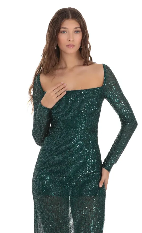 Sequin Open Back Dress Green Women LUCY IN THE SKY Maxi Dresses