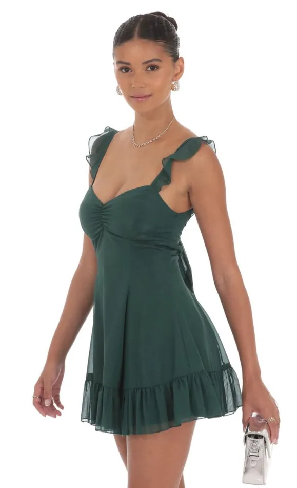 Shimmer Chiffon Ruffle Strap Dress Green Women LUCY IN THE SKY Mini Dresses