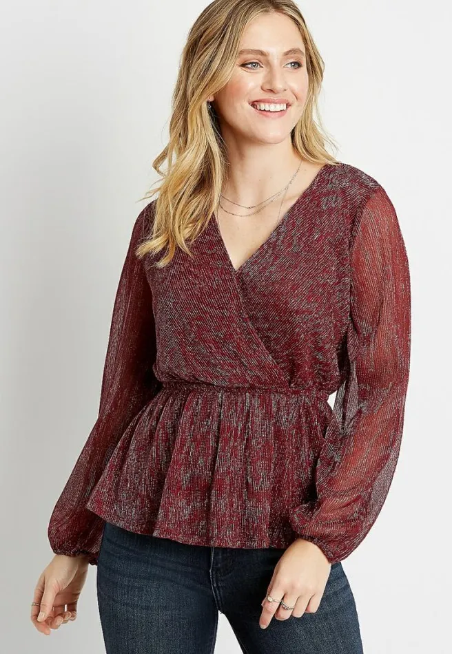 Shimmer Wrap Peplum Blouse Women Maurices Tops