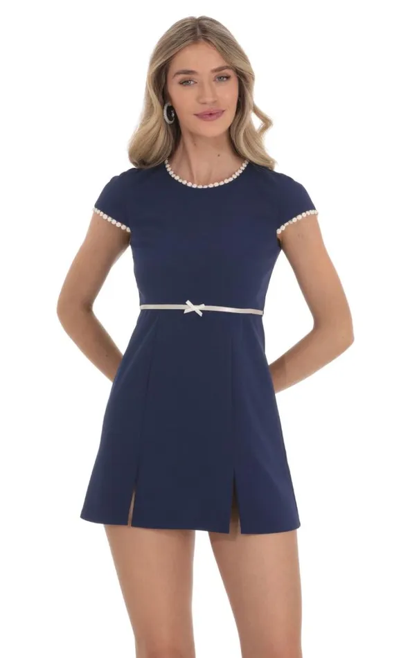 Short Sleeve Double Slit Dress Navy Women LUCY IN THE SKY Mini Dresses